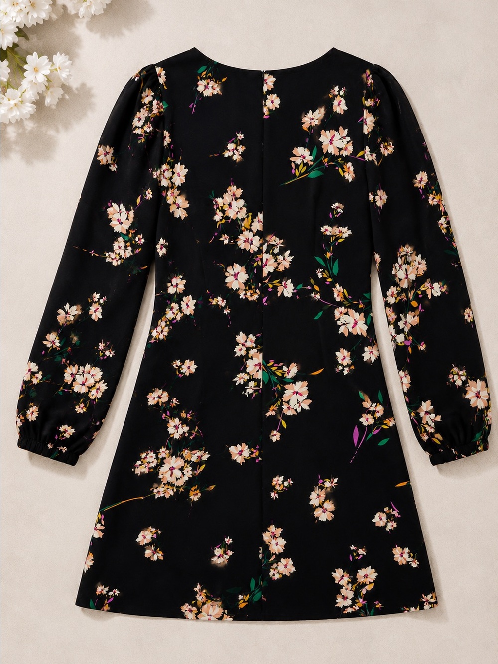 Lulu’s Floral Long Sleeve Mini Dress Size Medium Black Romantic Cottagecore - Picture 5 of 9